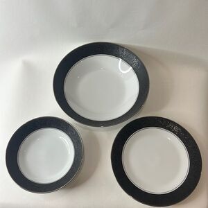 Noritake China 3 Piece Set Mirano, Japan Gray Floral Trim Silver White